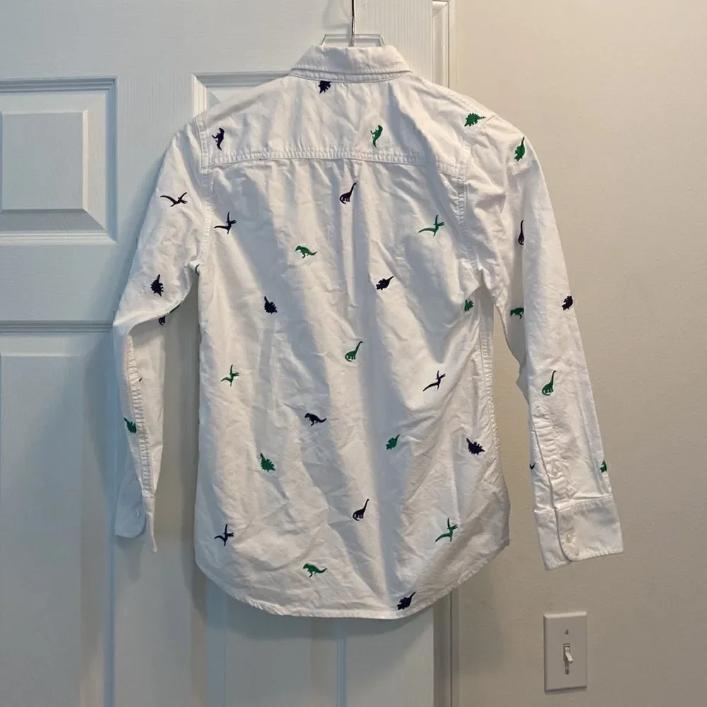 Mini Boden White Button Down Embroidered Dinosaur Shirt